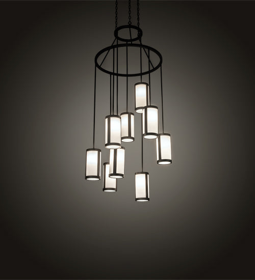 Meyda Lighting Cartier 35" 9-Light Wrought Iron Cascading Chandelier With White & Clear Shade