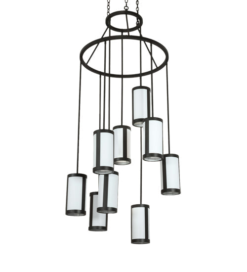 Meyda Lighting Cartier 35" 9-Light Wrought Iron Cascading Chandelier With White & Clear Shade