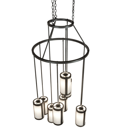 Meyda Lighting Cartier 35" 9-Light Wrought Iron Cascading Chandelier With White & Clear Shade