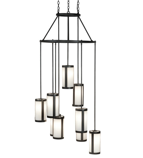 Meyda Lighting Cartier 35" 9-Light Wrought Iron Cascading Chandelier With White & Clear Shade