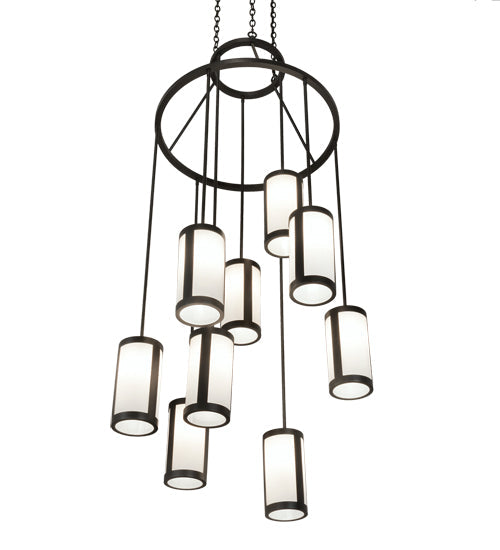 Meyda Lighting Cartier 35" 9-Light Wrought Iron Cascading Chandelier With White & Clear Shade