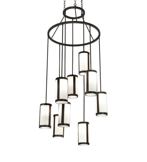 Meyda Lighting Cartier 35" 9-Light Wrought Iron Cascading Chandelier With White & Clear Shade