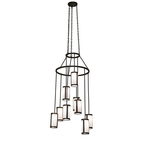 Meyda Lighting Cartier 35" 9-Light Wrought Iron Cascading Chandelier With White Laura Textrene Shade