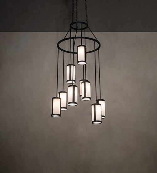 Meyda Lighting Cartier 35" 9-Light Wrought Iron Cascading Chandelier With White Laura Textrene Shade