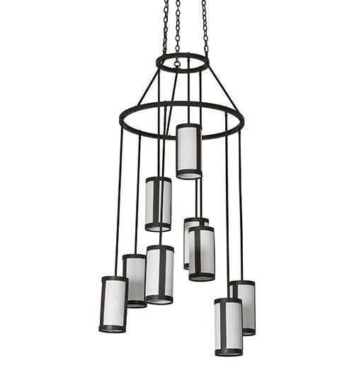 Meyda Lighting Cartier 35" 9-Light Wrought Iron Cascading Chandelier With White Laura Textrene Shade