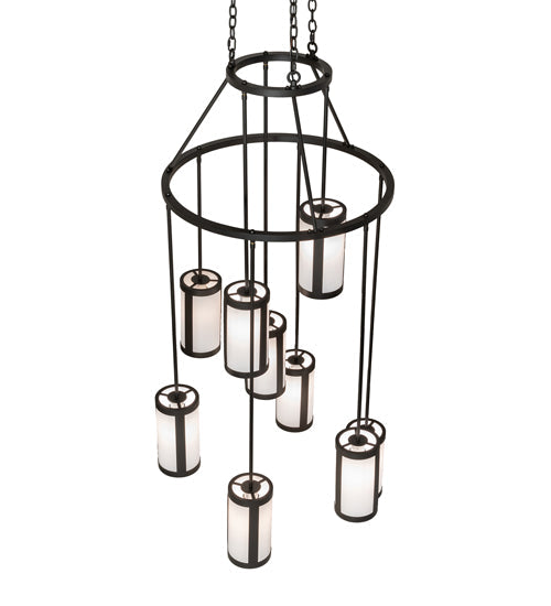 Meyda Lighting Cartier 35" 9-Light Wrought Iron Cascading Chandelier With White Laura Textrene Shade