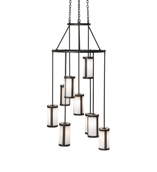 Meyda Lighting Cartier 35" 9-Light Wrought Iron Cascading Chandelier With White Laura Textrene Shade