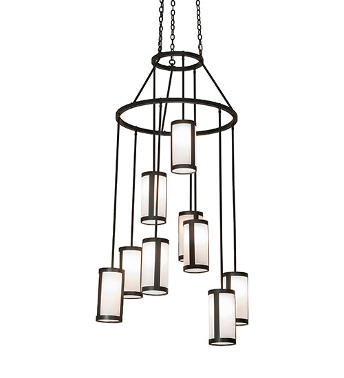 Meyda Lighting Cartier 35" 9-Light Wrought Iron Cascading Chandelier With White Laura Textrene Shade