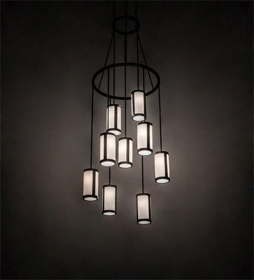 Meyda Lighting Cartier 35" 9-Light Wrought Iron Ceiling Cascading Chandelier With White Linen Over Crystal Idalight Shade