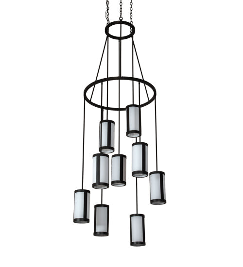Meyda Lighting Cartier 35" 9-Light Wrought Iron Ceiling Cascading Chandelier With White Linen Over Crystal Idalight Shade