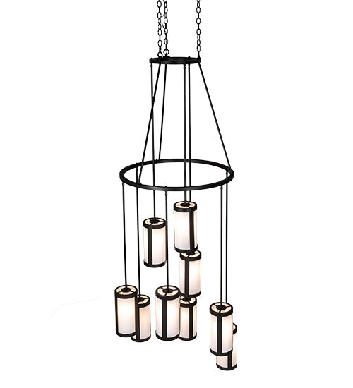 Meyda Lighting Cartier 35" 9-Light Wrought Iron Ceiling Cascading Chandelier With White Linen Over Crystal Idalight Shade