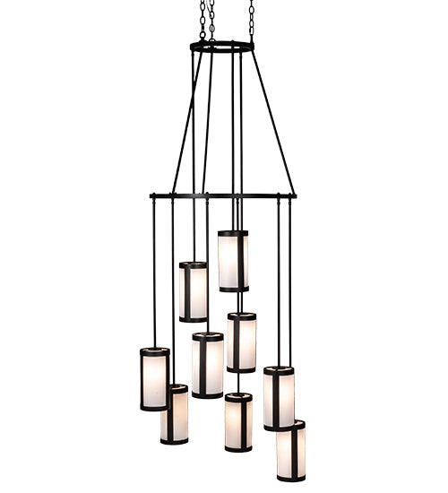 Meyda Lighting Cartier 35" 9-Light Wrought Iron Ceiling Cascading Chandelier With White Linen Over Crystal Idalight Shade
