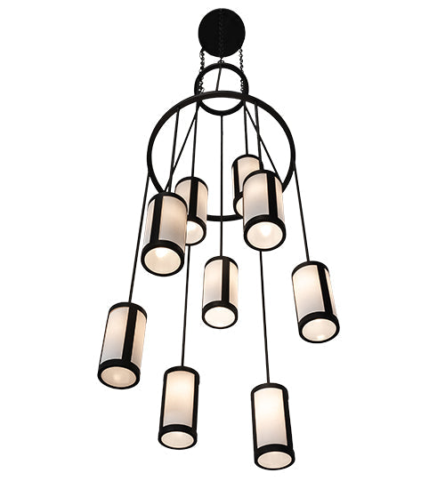 Meyda Lighting Cartier 35" 9-Light Wrought Iron Ceiling Cascading Chandelier With White Linen Over Crystal Idalight Shade