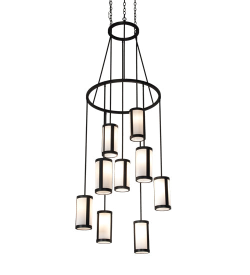 Meyda Lighting Cartier 35" 9-Light Wrought Iron Ceiling Cascading Chandelier With White Linen Over Crystal Idalight Shade