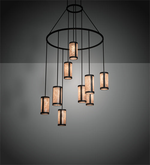 Meyda Lighting Cartier 48" 9-Light Black Wicker Cascading Chandelier With Silver Mica Shade Glass