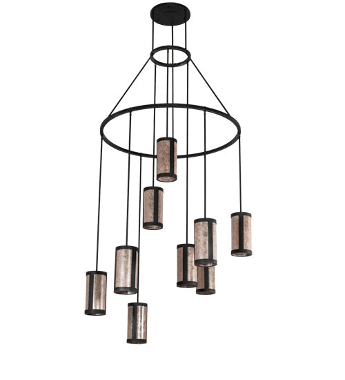 Meyda Lighting Cartier 48" 9-Light Black Wicker Cascading Chandelier With Silver Mica Shade Glass