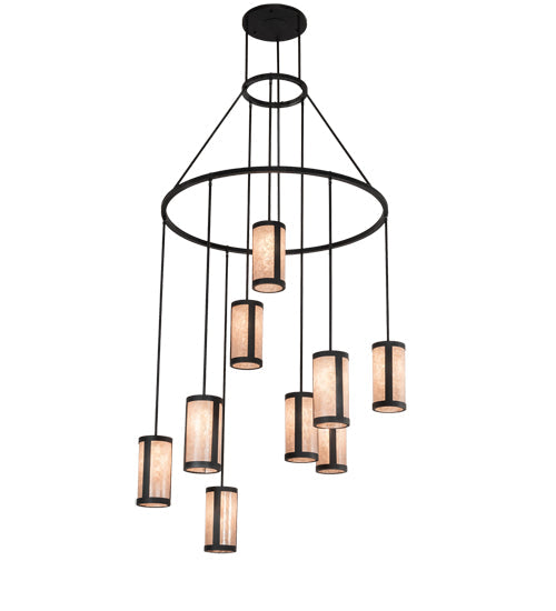 Meyda Lighting Cartier 48" 9-Light Black Wicker Cascading Chandelier With Silver Mica Shade Glass