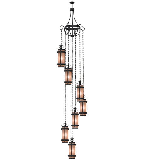 Meyda Lighting Castellon 45" 7-Light Costello Black Cascading Pendant Light With Silver Mica Shade Glass