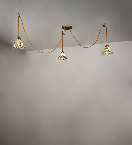 Meyda Lighting Castiliolite 60" 3-Light Matte Buttered Brass Pendant Light With Green & Ivory Willow Jadestone Shade