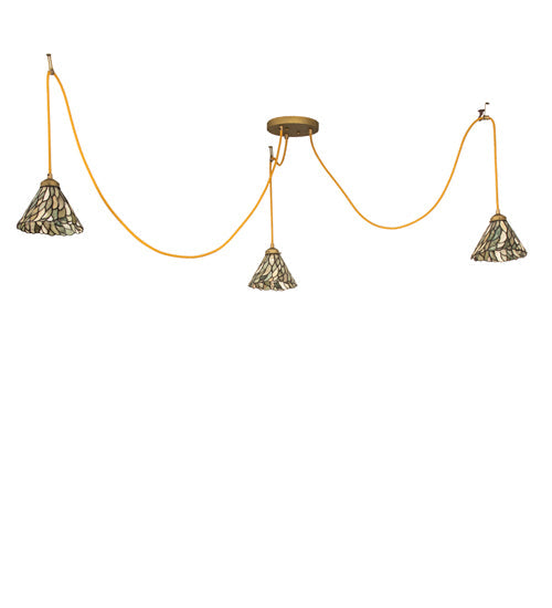 Meyda Lighting Castiliolite 60" 3-Light Matte Buttered Brass Pendant Light With Green & Ivory Willow Jadestone Shade