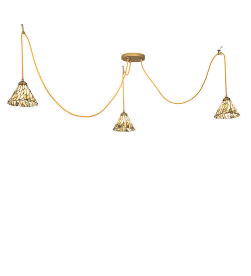 Meyda Lighting Castiliolite 60" 3-Light Matte Buttered Brass Pendant Light With Green & Ivory Willow Jadestone Shade