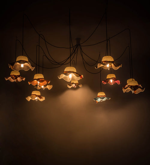 Meyda Lighting Castiliolite Cappelli 36-450" 12-Light White Pendant Light With Multi-Colored Straw Hat Shade