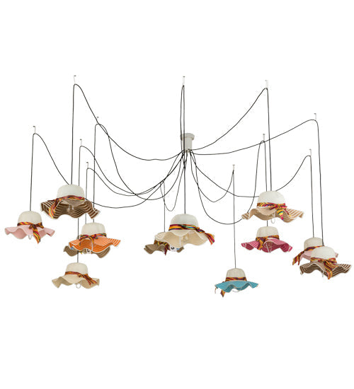 Meyda Lighting Castiliolite Cappelli 36-450" 12-Light White Pendant Light With Multi-Colored Straw Hat Shade