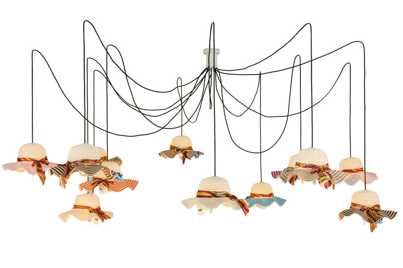Meyda Lighting Castiliolite Cappelli 36-450" 12-Light White Pendant Light With Multi-Colored Straw Hat Shade