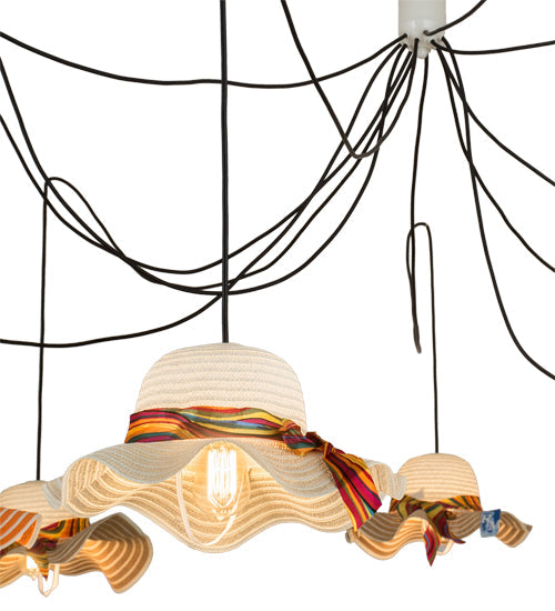 Meyda Lighting Castiliolite Cappelli 36-450" 12-Light White Pendant Light With Multi-Colored Straw Hat Shade