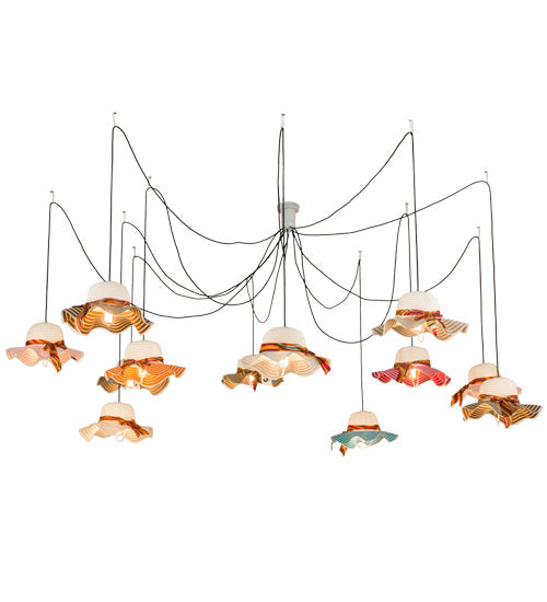 Meyda Lighting Castiliolite Cappelli 36-450" 12-Light White Pendant Light With Multi-Colored Straw Hat Shade