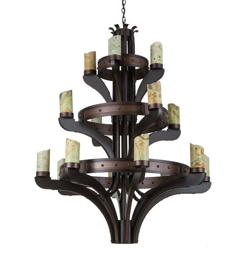 Meyda Lighting Castilla 48" 17-Light 3-Tier Mahogany Bronze Chandelier With Green & Brown Jadestone Shade
