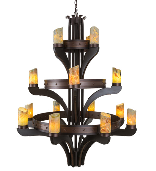 Meyda Lighting Castilla 48" 17-Light 3-Tier Mahogany Bronze Chandelier With Green & Brown Jadestone Shade