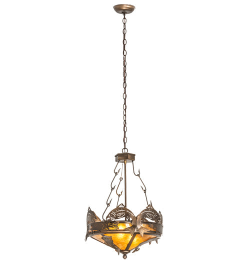 Meyda Lighting Catch of the Day 18" 2-Light Antique Copper Inverted Pendant Light With Amber Mica Shade Glass