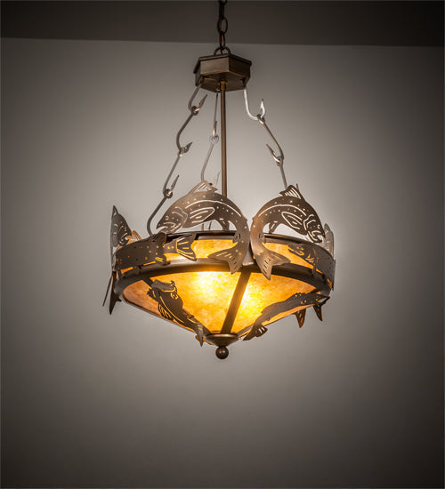 Meyda Lighting Catch of the Day 18" 2-Light Antique Copper Inverted Pendant Light With Amber Mica Shade Glass