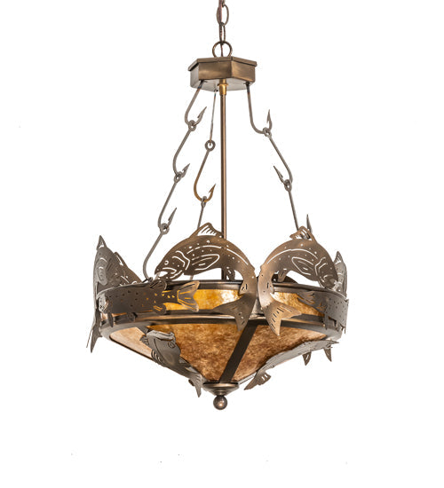 Meyda Lighting Catch of the Day 18" 2-Light Antique Copper Inverted Pendant Light With Amber Mica Shade Glass