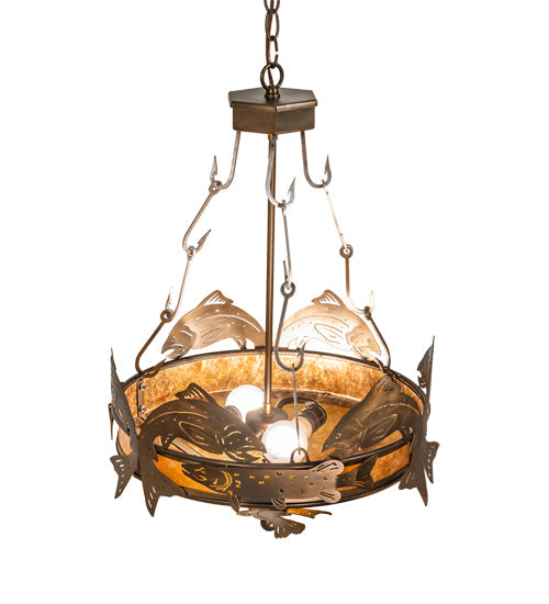Meyda Lighting Catch of the Day 18" 2-Light Antique Copper Inverted Pendant Light With Amber Mica Shade Glass