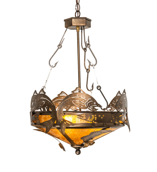 Meyda Lighting Catch of the Day 18" 2-Light Antique Copper Inverted Pendant Light With Amber Mica Shade Glass