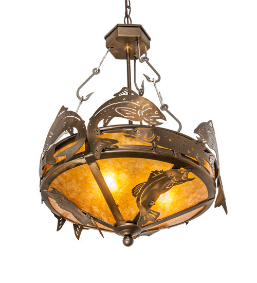 Meyda Lighting Catch of the Day 18" 2-Light Antique Copper Inverted Pendant Light With Amber Mica Shade Glass