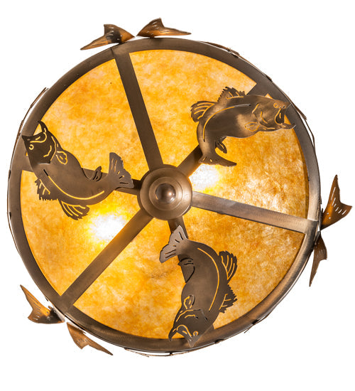 Meyda Lighting Catch of the Day 18" 2-Light Antique Copper Inverted Pendant Light With Amber Mica Shade Glass