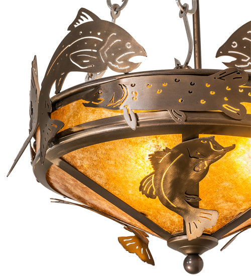 Meyda Lighting Catch of the Day 18" 2-Light Antique Copper Inverted Pendant Light With Amber Mica Shade Glass