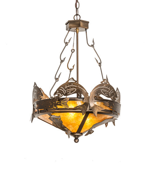 Meyda Lighting Catch of the Day 18" 2-Light Antique Copper Inverted Pendant Light With Amber Mica Shade Glass