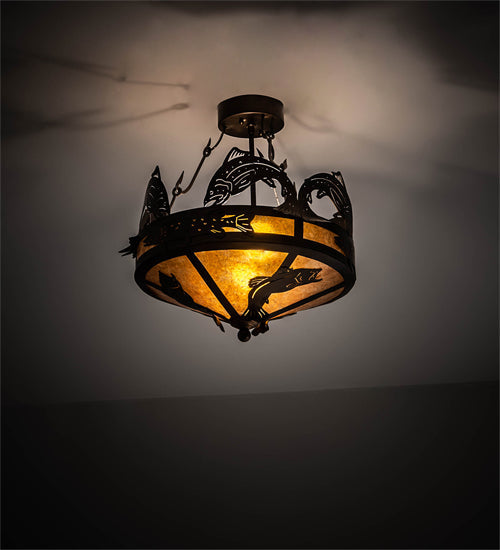 Meyda Lighting Catch of the Day 18" 2-Light Antique Copper Semi-flush Mount Ceiling Light With Amber Mica Shade Glass
