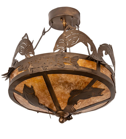 Meyda Lighting Catch of the Day 18" 2-Light Antique Copper Semi-flush Mount Ceiling Light With Amber Mica Shade Glass