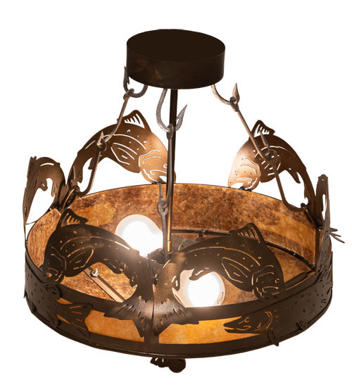 Meyda Lighting Catch of the Day 18" 2-Light Antique Copper Semi-flush Mount Ceiling Light With Amber Mica Shade Glass