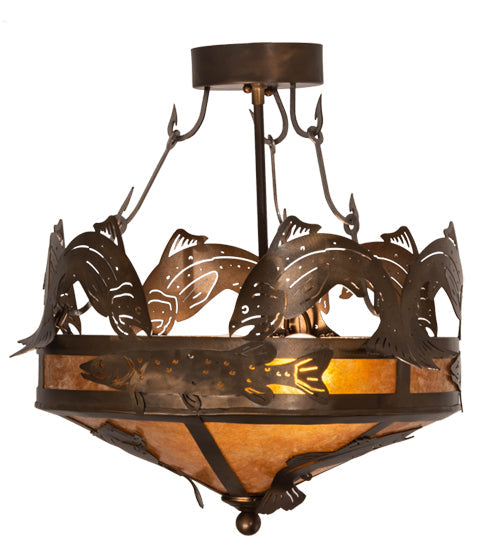 Meyda Lighting Catch of the Day 18" 2-Light Antique Copper Semi-flush Mount Ceiling Light With Amber Mica Shade Glass