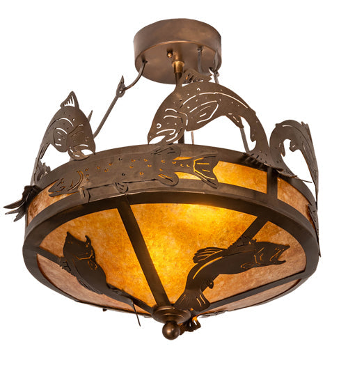 Meyda Lighting Catch of the Day 18" 2-Light Antique Copper Semi-flush Mount Ceiling Light With Amber Mica Shade Glass