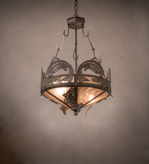 Meyda Lighting Catch of the Day 18" 2-Light Industrial Steel Inverted Pendant Light With Silver Mica Shade Glass