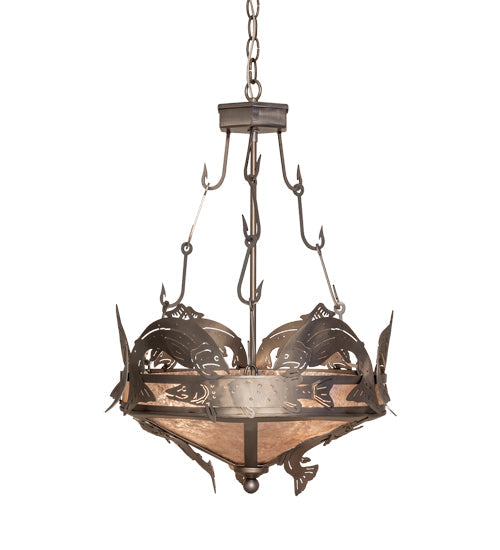 Meyda Lighting Catch of the Day 18" 2-Light Industrial Steel Inverted Pendant Light With Silver Mica Shade Glass