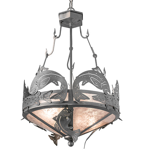 Meyda Lighting Catch of the Day 18" 2-Light Industrial Steel Inverted Pendant Light With Silver Mica Shade Glass