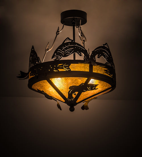 Meyda Lighting Catch of the Day 18" 2-Light Textured Black Flush Mount Light With Amber Mica Shade Glass